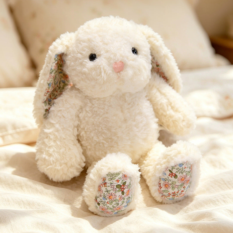 Plush Floral-Lined Ear Bunny Stuffed Toy with Embroidered Face and Curly Faux Fur Stornfield
