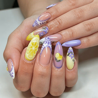 Artificial nails with creative lemon and lilac design Stornfield