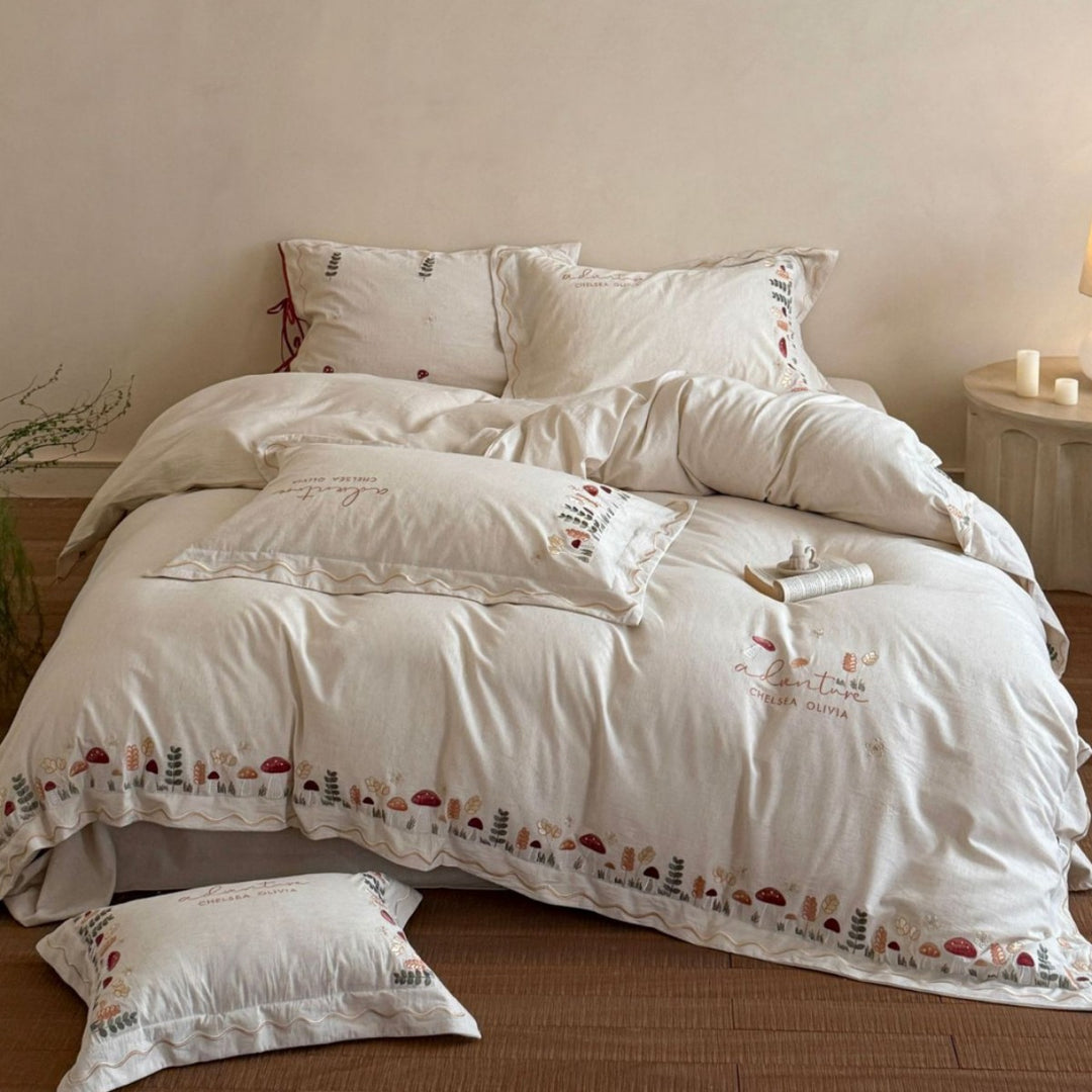 Embroidered Botanical Cotton Duvet Cover Set with Scalloped Ruffle & Pillow Shams