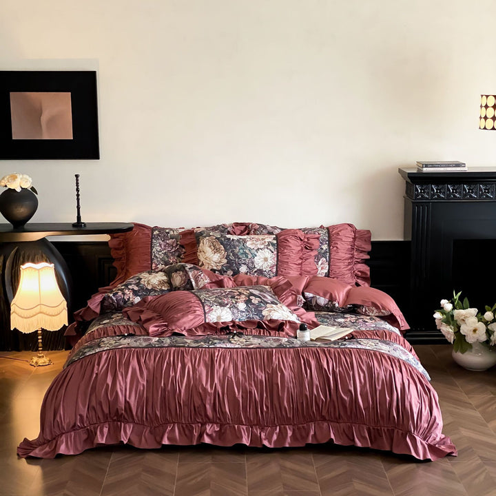 Romantic cotton satin bedding set with ruffles, quilted bedspread and decorative pillow