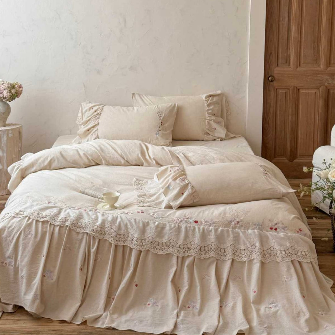 Embroidered Ruffled Linen-Blend Duvet Cover Set with Lace-Trim Bed Skirt & Decorative Bolster