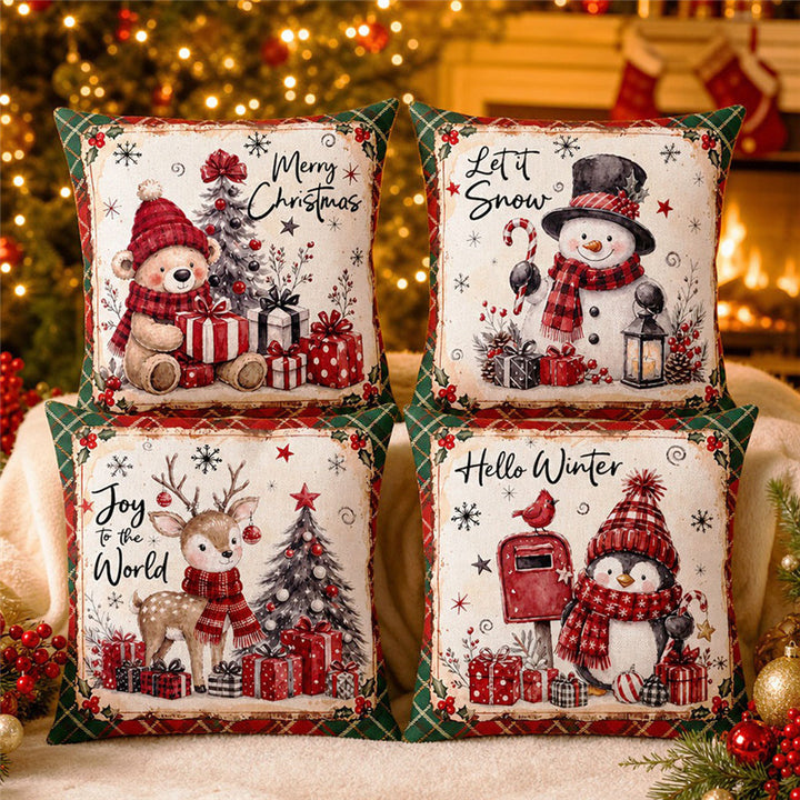 Festive Holiday Reindeer Decorative Square Pillow Cover with Plaid Border and Concealed Zipper