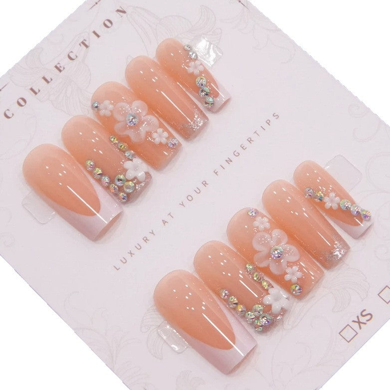 Luxury Press-On Nail Art Set with Floral and Gem Accents