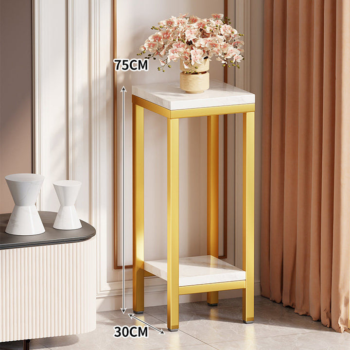 Tall Narrow Marble-Top Plant Stand Side Table with Lower Shelf and Gold Metal Frame