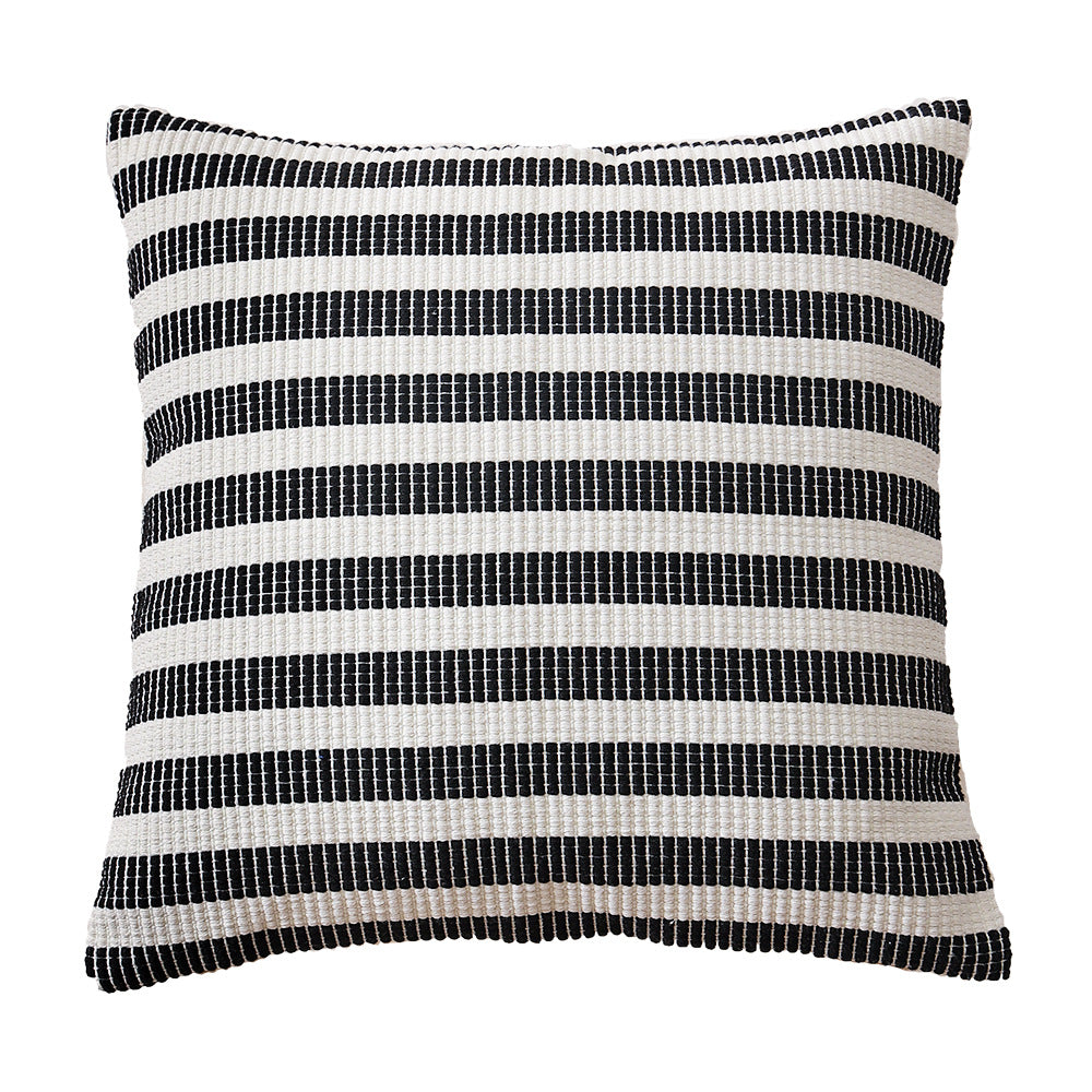 Woven square decorative cushion with fine ribbed texture and stripe pattern