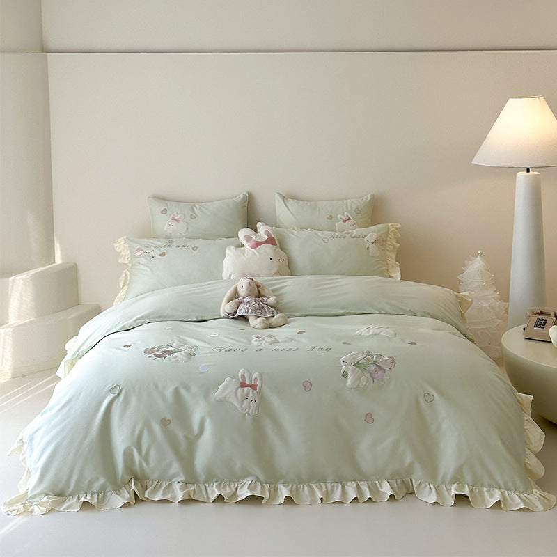 Ruffled Cotton-Linen Duvet Cover Set with Embroidered Bunny Appliqué and Decorative Shams
