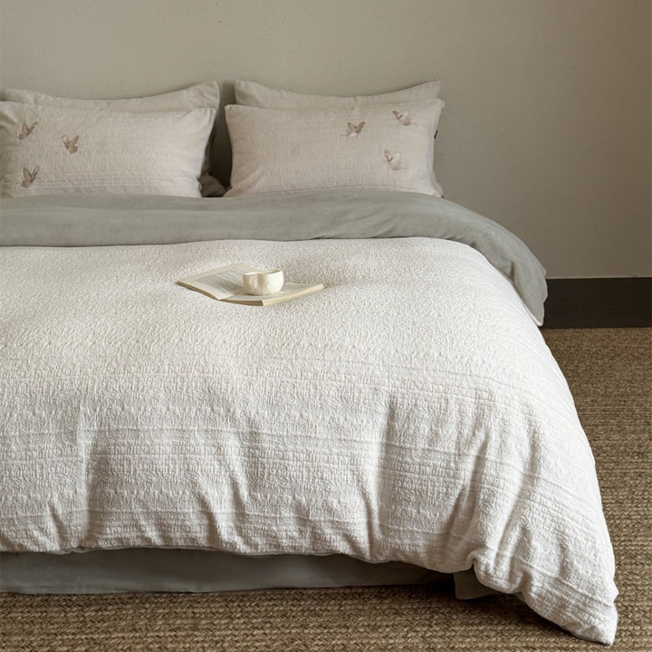 Washed Cotton-Linen Textured Duvet Cover Set with Subtle Embroidered Motif