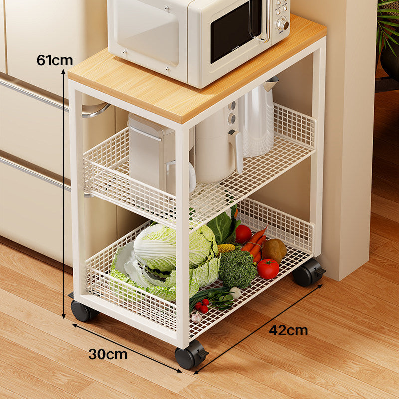 Narrow Bamboo-Top Rolling Kitchen Storage Trolley with Wire Basket Shelves