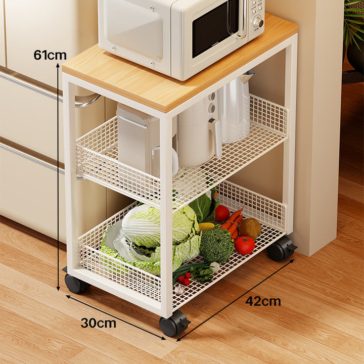 Narrow Bamboo-Top Rolling Kitchen Storage Trolley with Wire Basket Shelves