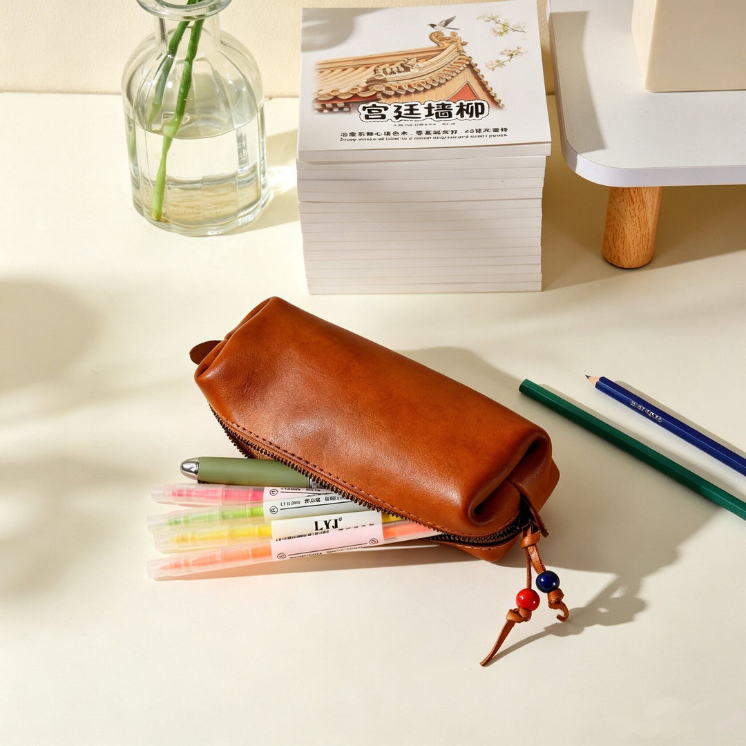 Durable Zippered Leather Pencil Case
