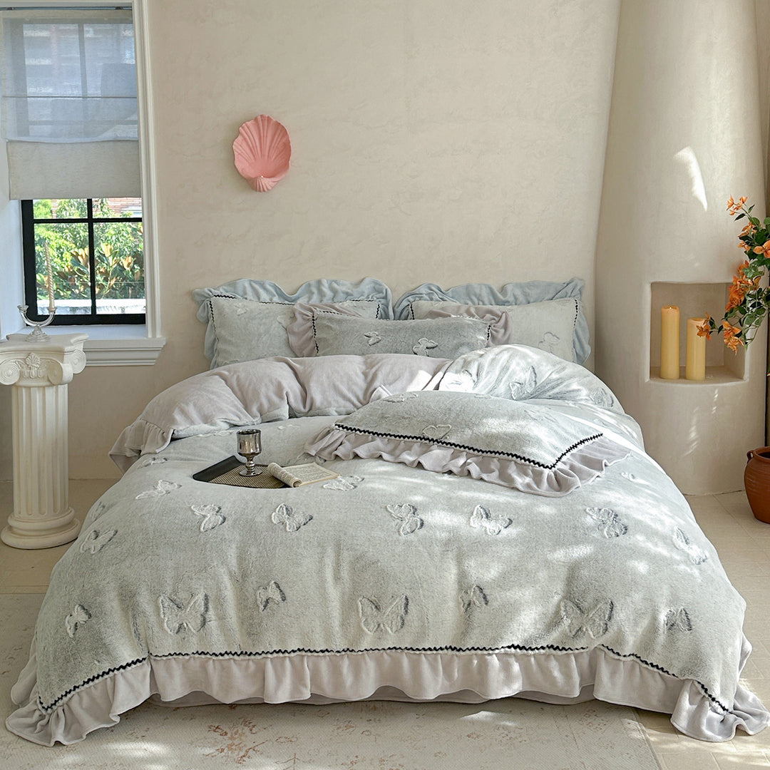Embroidered Butterfly Ruffled Linen-Blend Duvet Cover Set with Decorative Pillow Shams