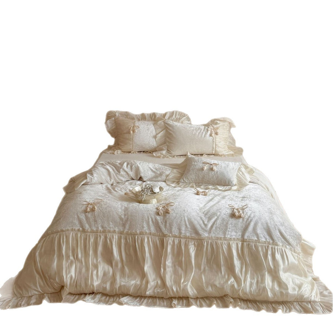 Romantic Ruffled Satin-Trimmed Duvet Cover Bedding Set with Bow Accents