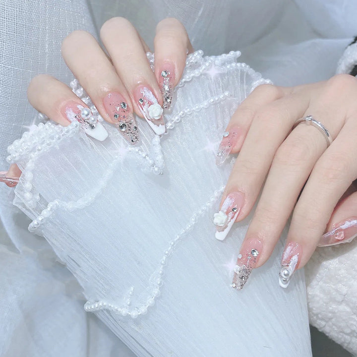 Acrylic nail set with elegant 3D flower and glitter decorations Stornfield