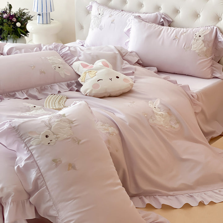 Silky Embroidered Bunny Satin Duvet Cover Set with Ruffled Hem & Oxford Shams