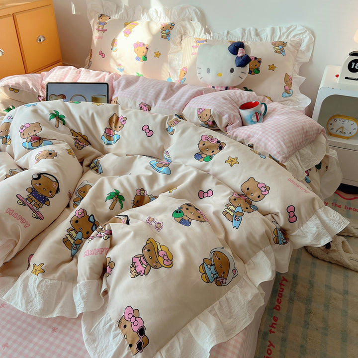 Cartoon Plaid Cotton Percale Duvet Cover Set with Ruffled Sham and Reversible Back