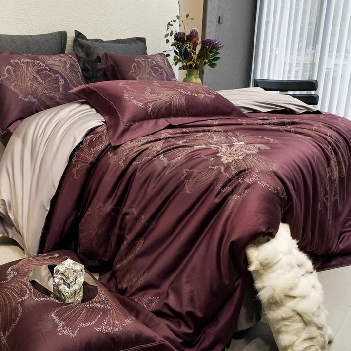 Silky Jacquard Floral-Embroidered Duvet Cover Ensemble with Reversible Sateen Back and Euro Shams