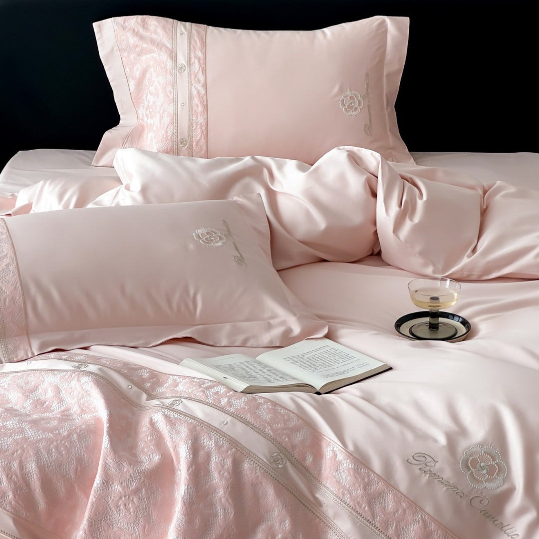 Luxury Embroidered Satin Sheet Set with Jacquard Border and Decorative Pillow Shams