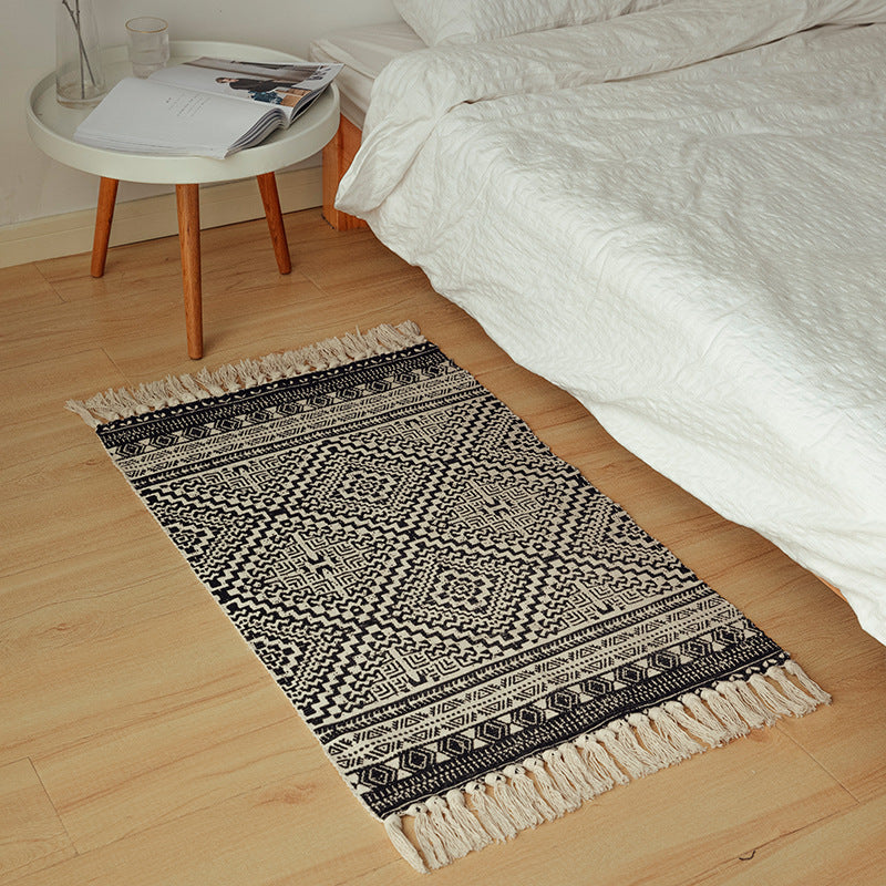 Flat-woven cotton runner in Boho-Tribal design with geometric diamond patterns and hand-fringed edge