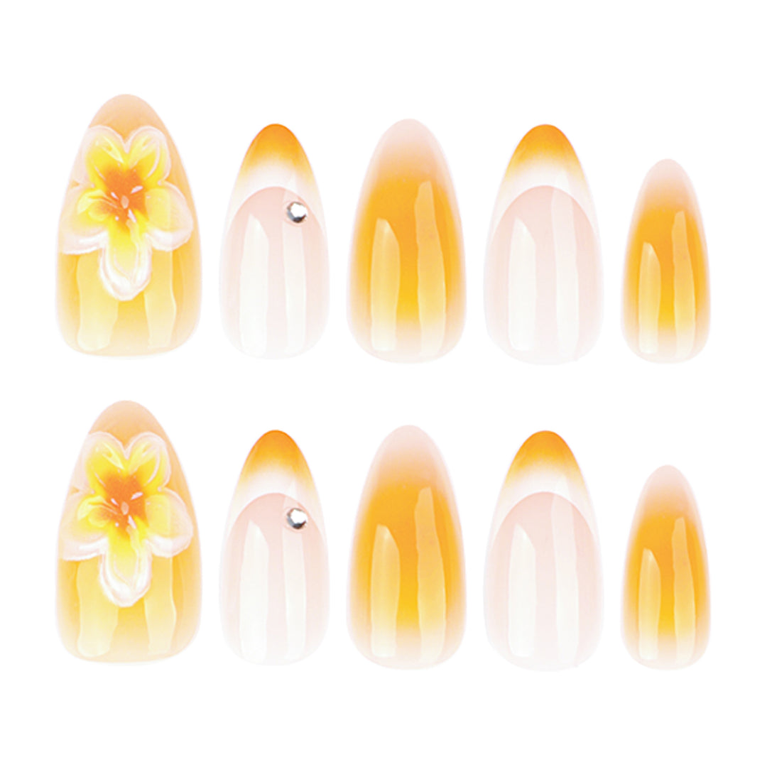 Artful nail extensions with delicate ombre effect and floral accents Stornfield