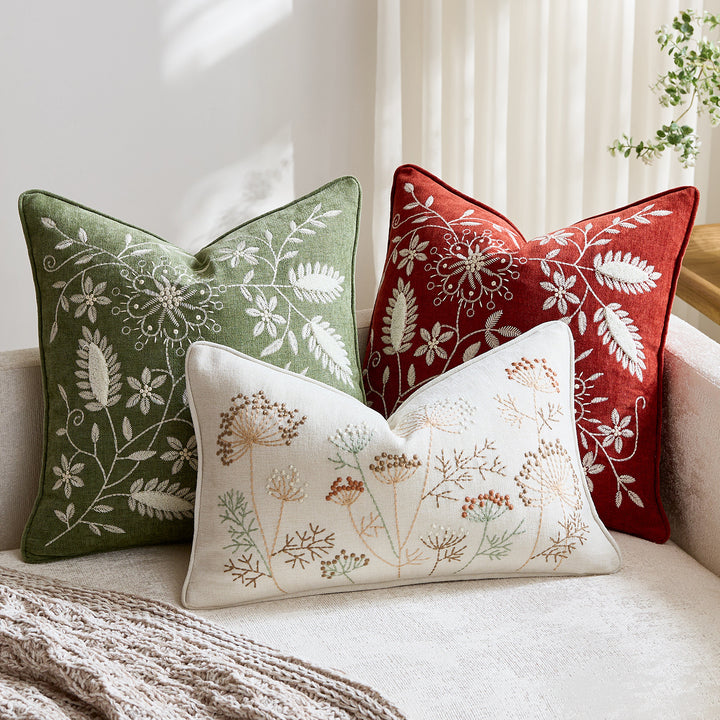 Square Embroidered Linen-Blend Decorative Throw Pillow Cover with Piped Edge