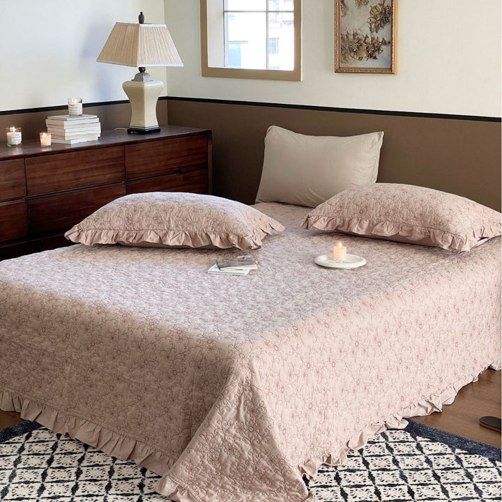Quilted Floral Embroidered Bedspread with Ruffled Edge Pillow Sham Set