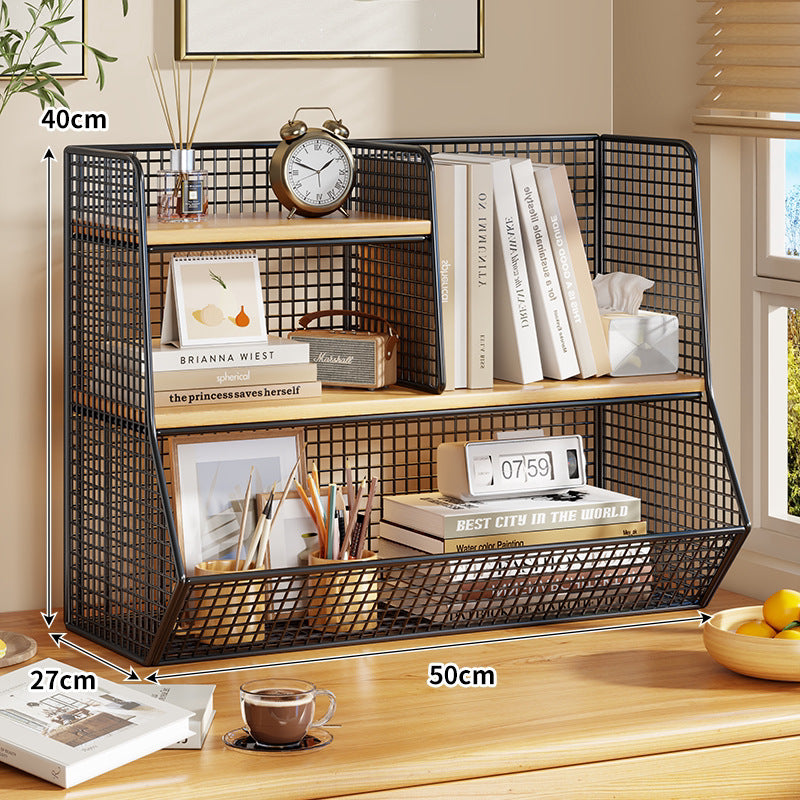 Double-Tier Mesh Metal Desktop Organizer with Wooden Shelves