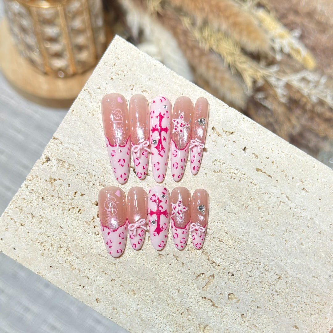 Artistic Stiletto Press-On Nail Set with Heart and Bow Design Stornfield
