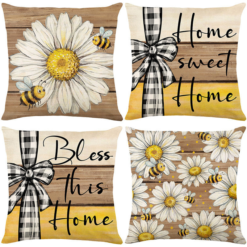 Hand-Painted Daisy and Bumblebee Rustic Wood-Print Cotton-Linen Cushion Cover