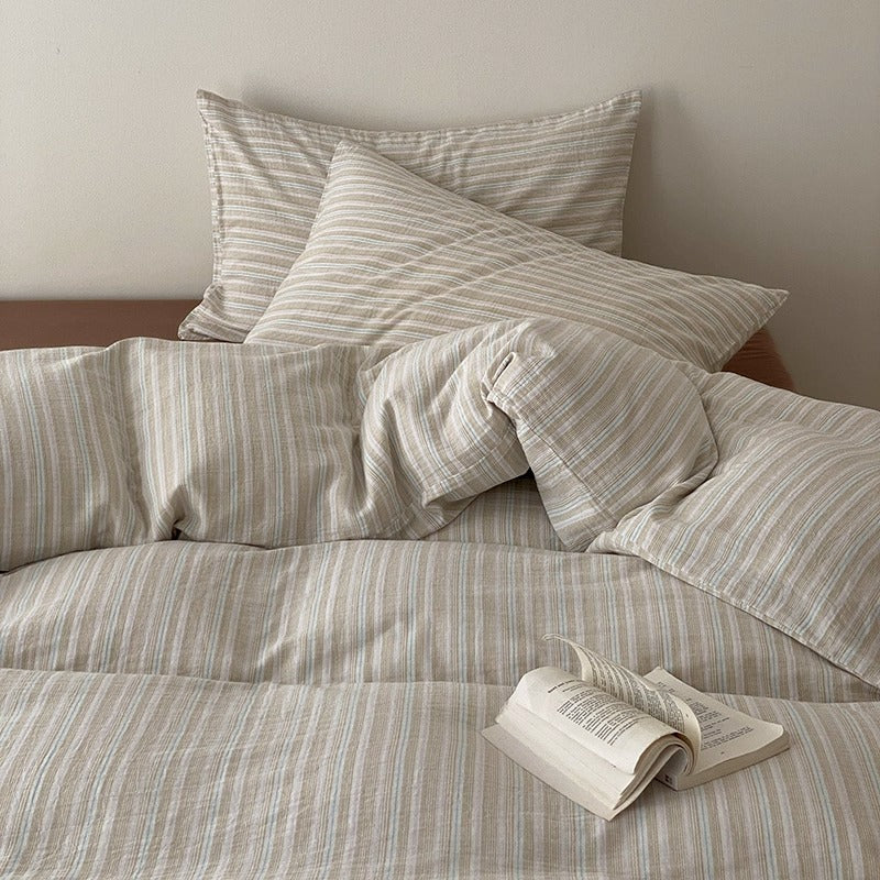 Striped Washed Linen-Cotton Duvet Cover Set with Reversible Bedskirt and Pillow Shams