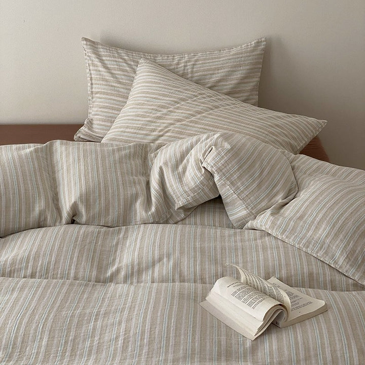 Striped Washed Linen-Cotton Duvet Cover Set with Reversible Bedskirt and Pillow Shams