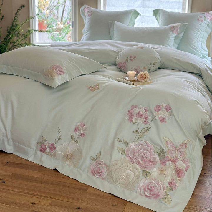 Embroidered Floral Cotton Sateen Duvet Cover Bedding Set with Decorative Shams & Round Throw Pillow