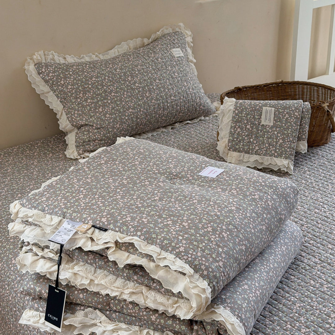 Quilted Floral Ruffled Bedding Set with Eyelet Lace Trim