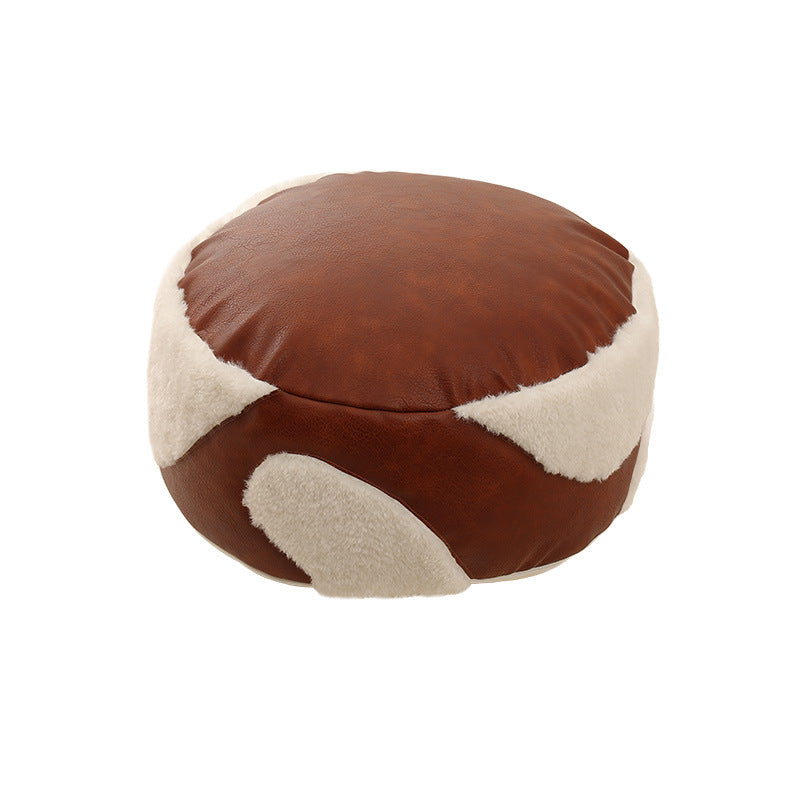 Round padded seat pouf as a floor stool with vintage leather look and teddy fleece inserts Stornfield