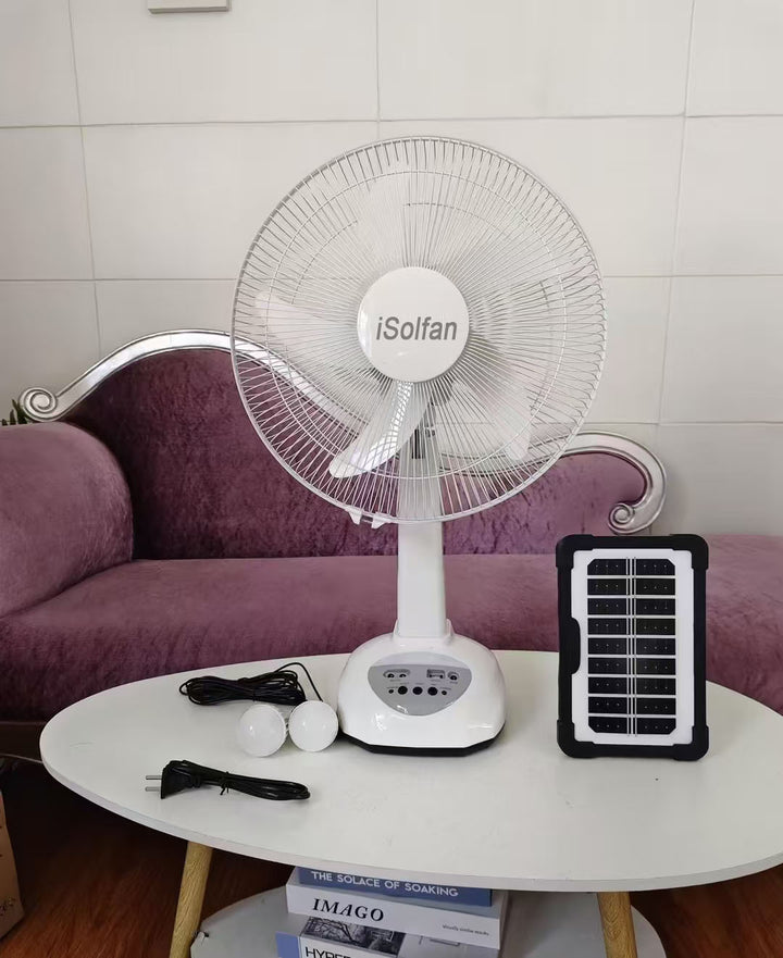 Women's portable solar stand fan with LED lighting and integrated USB connection Stornfield