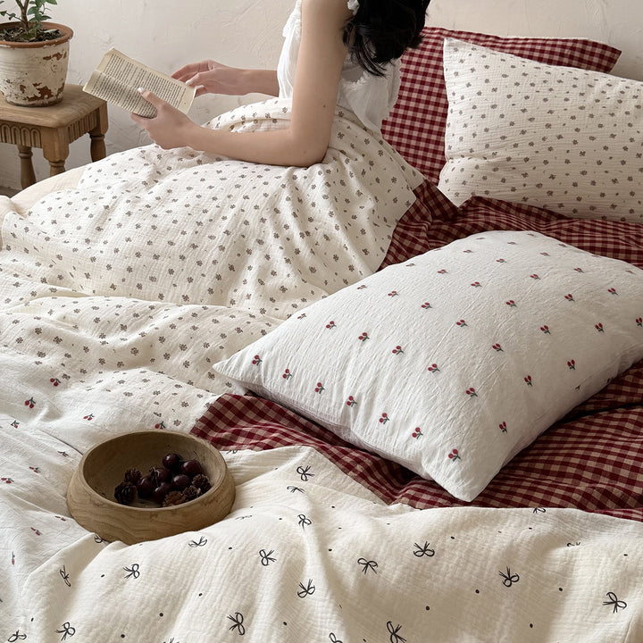 Washed Gauze Cotton Layered Duvet Cover Set with Micro Floral Embroidery and Gingham Accent Pillow