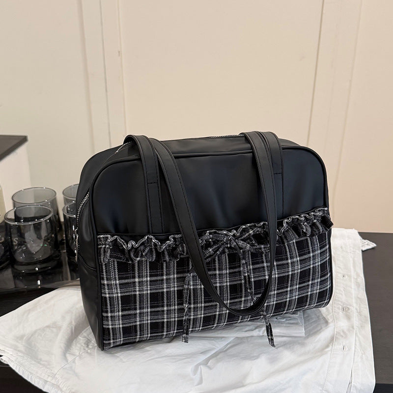 Stylish Plaid Trimmed Satchel