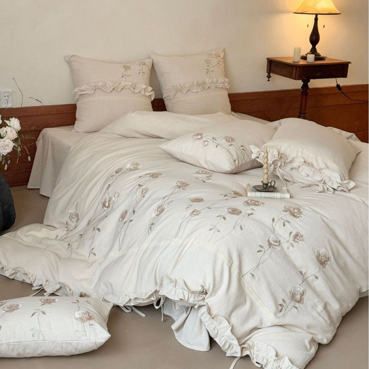 Embroidered Rose Linen‑Feel Ruffled Duvet Cover Set with Ties