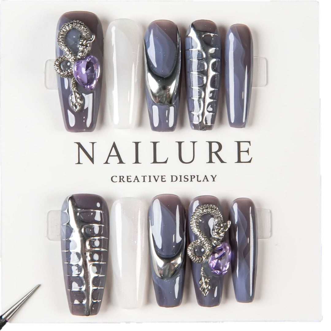 Artistic Sculpted Nail Set with Metallic Accents