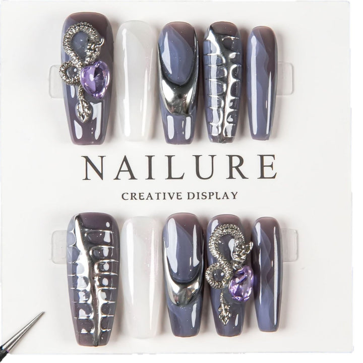 Artistic Sculpted Nail Set with Metallic Accents