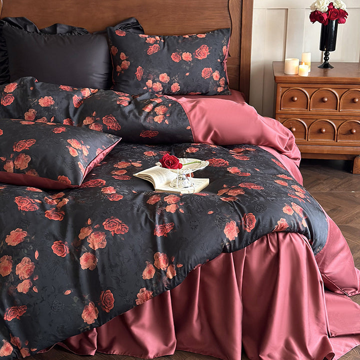 Luxurious satin bedding set with rose pattern and reversible cover
