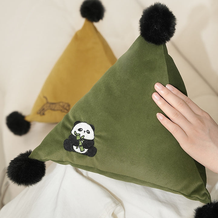 Triangular decorative pillow with zebra embroidery, pompom applications, and soft velvet cover Stornfield