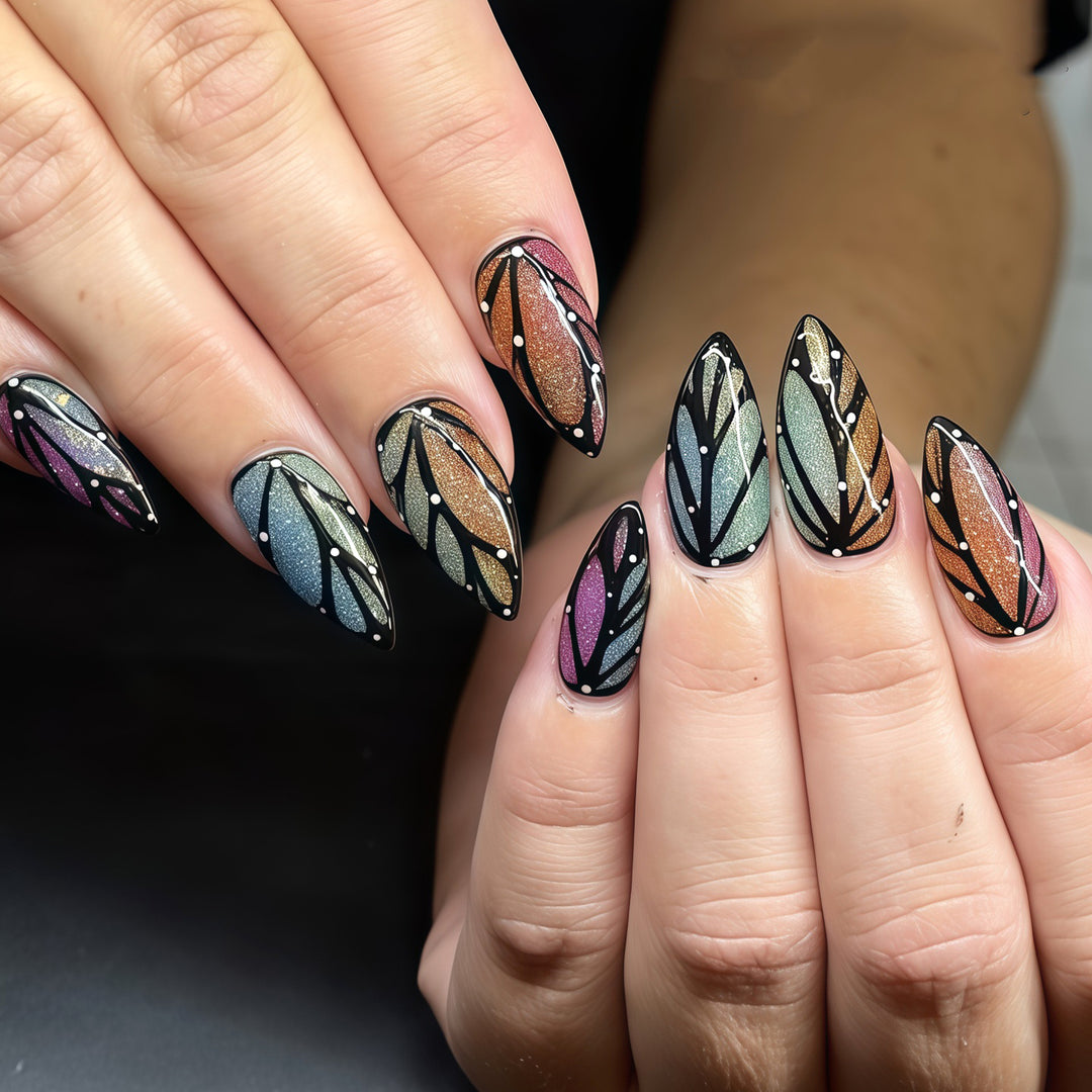 Artistic Stiletto Nail Art Set with Leaf Patterns Stornfield