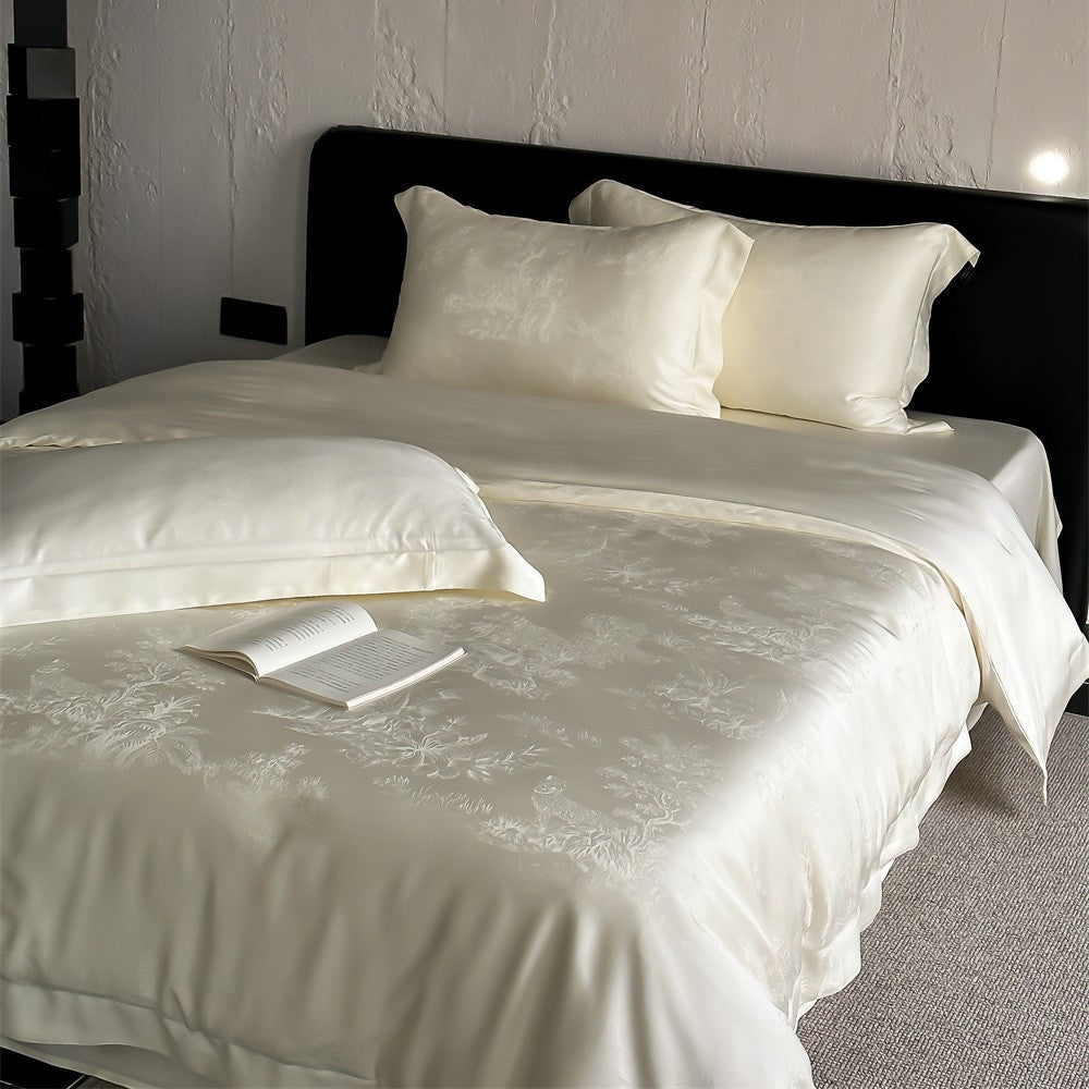 Elegant satin bedding set with subtle jacquard floral relief and silky shine