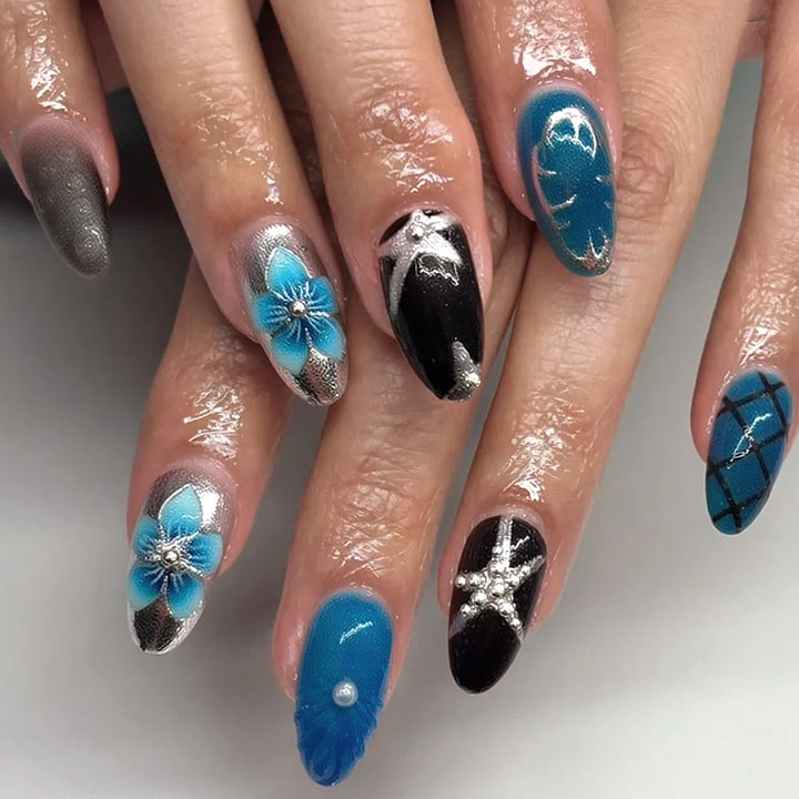 Artistic Press-On Nail Set with Floral Motifs Stornfield