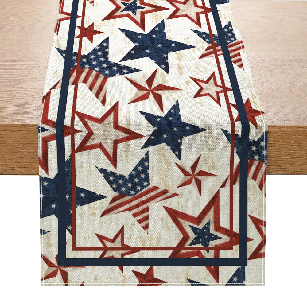 Distressed American Flag Cotton-Linen Table Runner with Patriotic Stars and Stripes Print