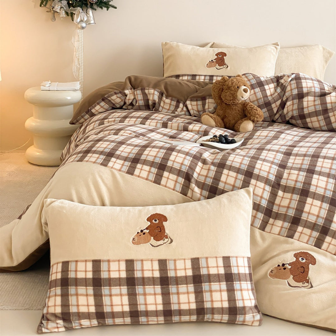 Embroidered Striped Cotton Flannel Duvet Cover Set with Pom-Pom Edge