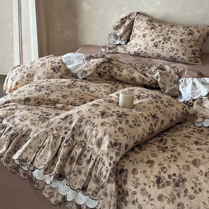 Floral Ruffled Scalloped-Edge Duvet Cover Set with Pillow Shams