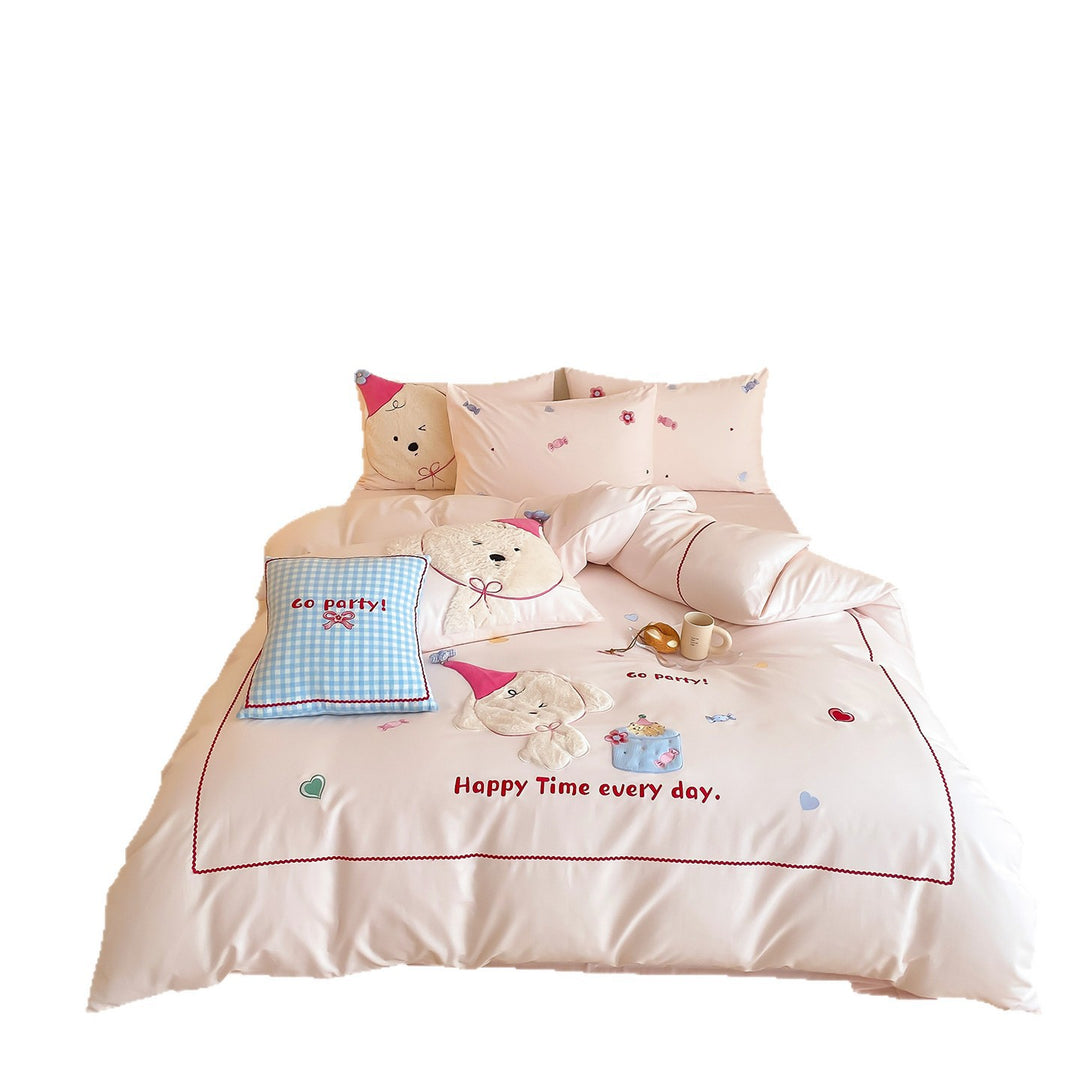 Playful Bear Appliqué Cotton-Sateen Duvet Cover Set with Quilted Accent Pillow and Hidden Zipper