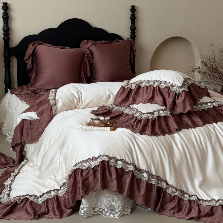 Luxurious satin-like duvet cover set with ruffles and lace trim