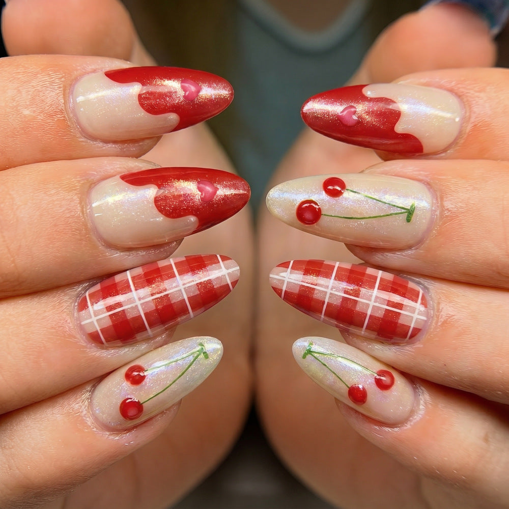 Artificial nails with romantic cherry and checkered pattern Stornfield